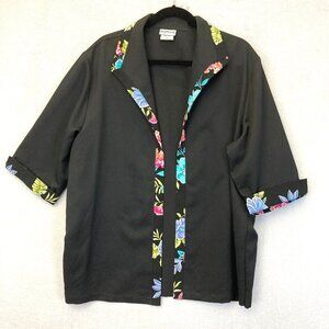 BonWorth Womens Black Open Front Blazer Jacket LP Petite Large 3/4 Sleeve Floral